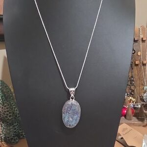 Silver Plated Pendant Necklace with Ruby Zoizite Oval Stone - Women Jewelry